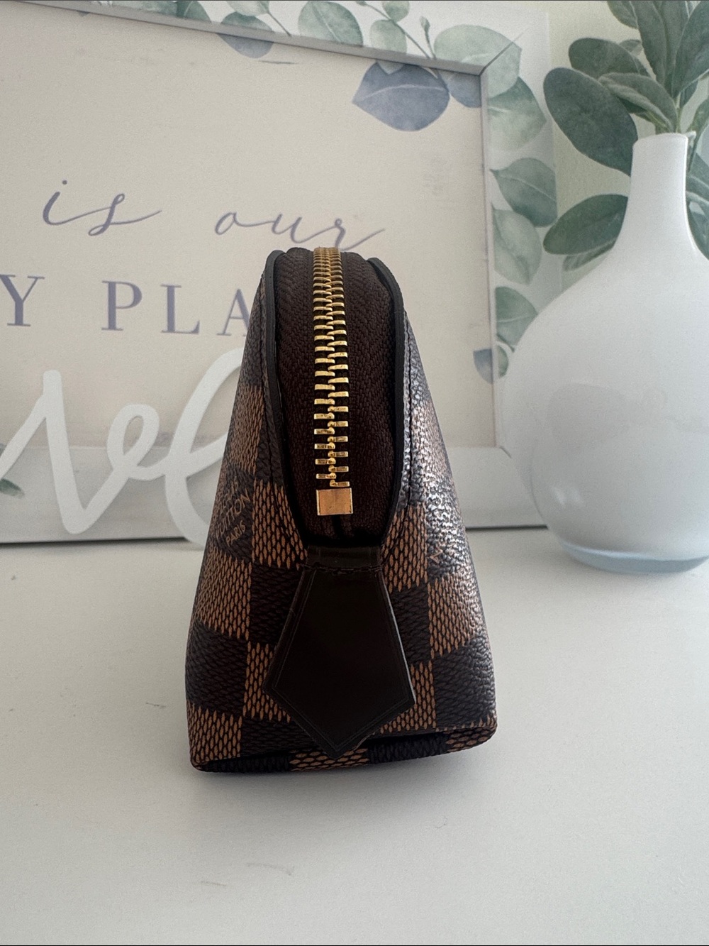 Brown Checkered Cosmetic Pouch - Picture 3 of 6